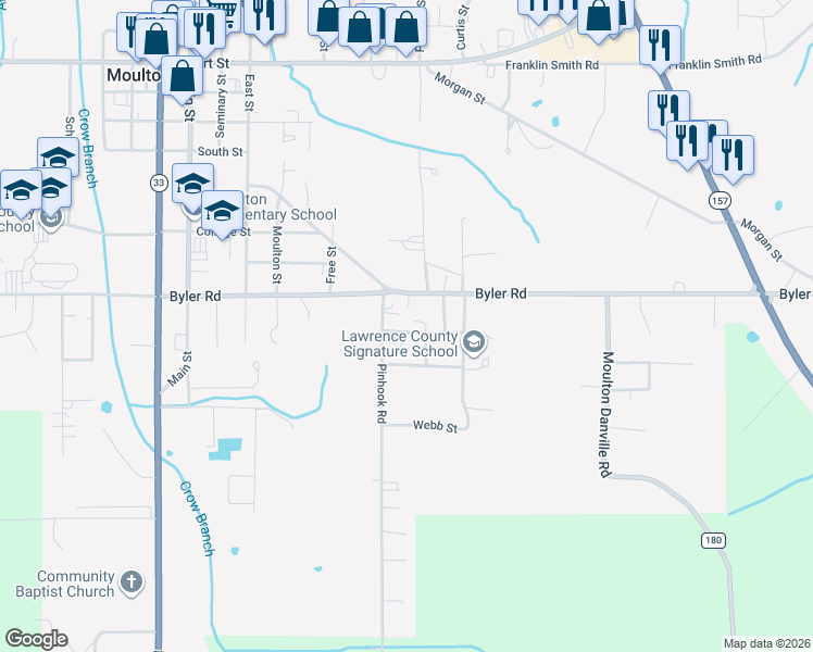 map of restaurants, bars, coffee shops, grocery stores, and more near 713 Taylor Street in Moulton