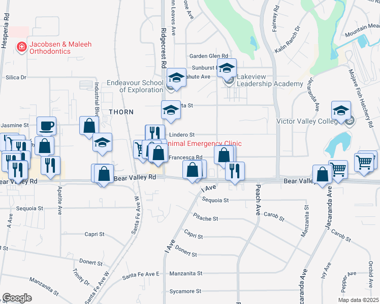map of restaurants, bars, coffee shops, grocery stores, and more near in Victorville