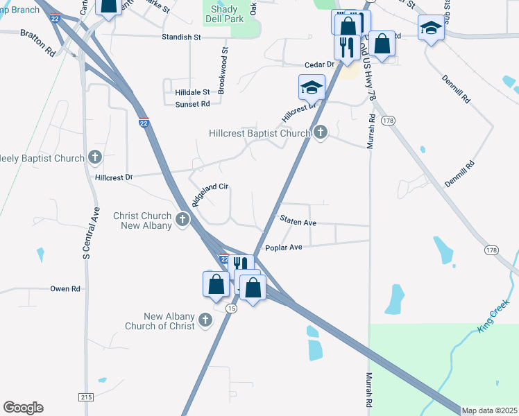 map of restaurants, bars, coffee shops, grocery stores, and more near 408 Woodland Drive in New Albany