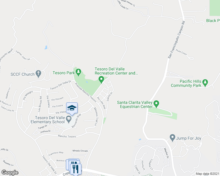 map of restaurants, bars, coffee shops, grocery stores, and more near 23658 Marion Way in Santa Clarita