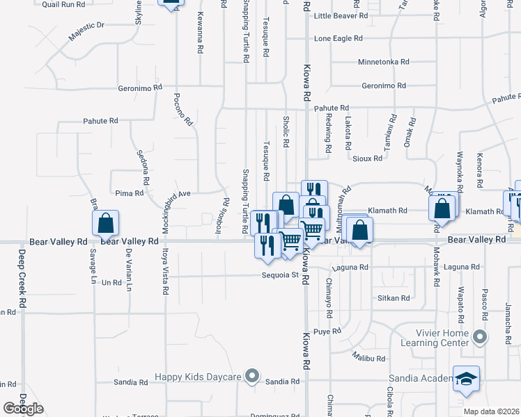 map of restaurants, bars, coffee shops, grocery stores, and more near 12189 Tesuque Road in Apple Valley