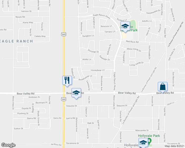 map of restaurants, bars, coffee shops, grocery stores, and more near 12330 Roadrunner Lane in Victorville