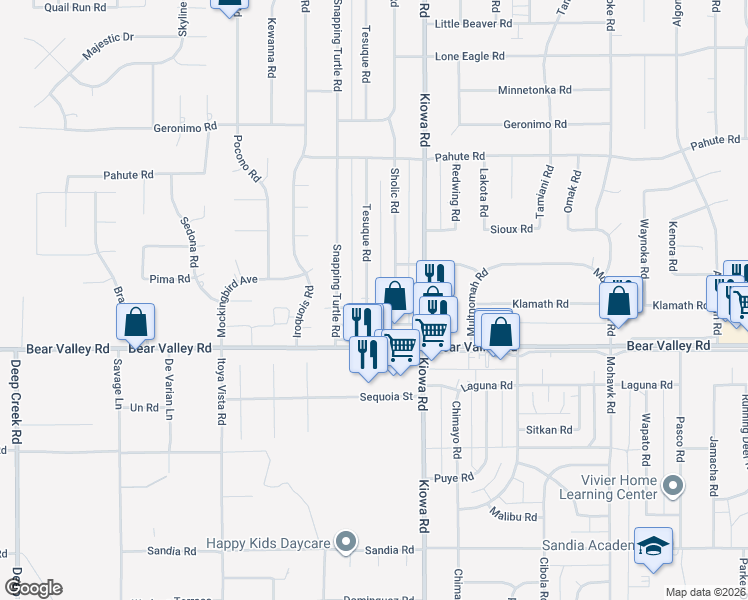 map of restaurants, bars, coffee shops, grocery stores, and more near 12189 Tesuque Road in Apple Valley