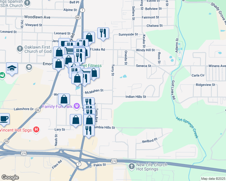 map of restaurants, bars, coffee shops, grocery stores, and more near 687 Terry Street in Hot Springs