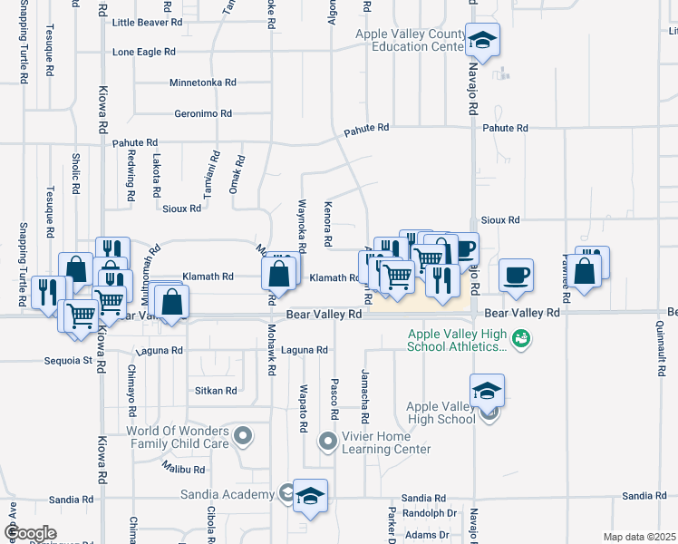 map of restaurants, bars, coffee shops, grocery stores, and more near 21410 Klamath Road in Apple Valley
