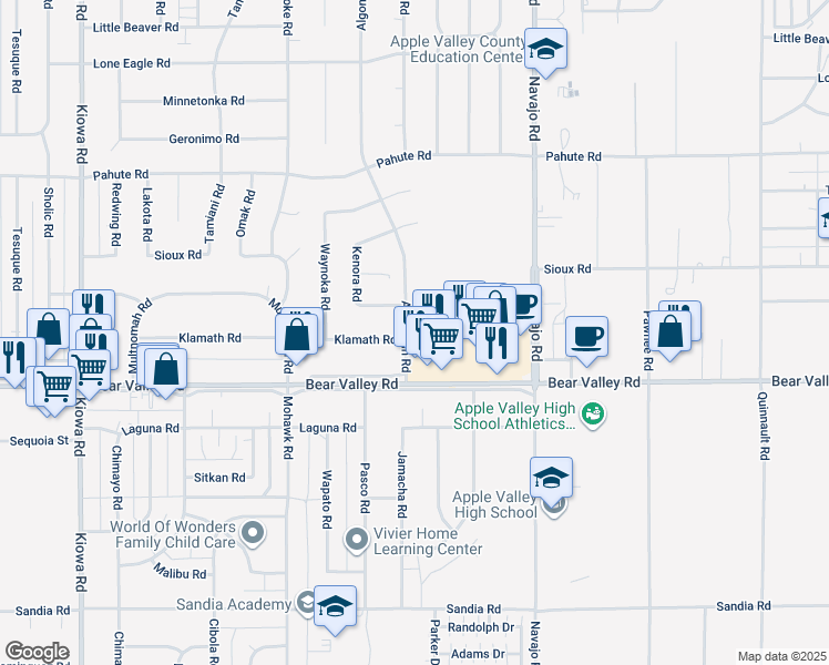 map of restaurants, bars, coffee shops, grocery stores, and more near 21490 Klamath Road in Apple Valley