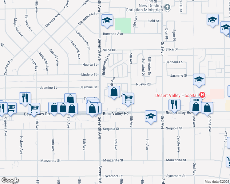 map of restaurants, bars, coffee shops, grocery stores, and more near 12234 Jasmine Court in Victorville