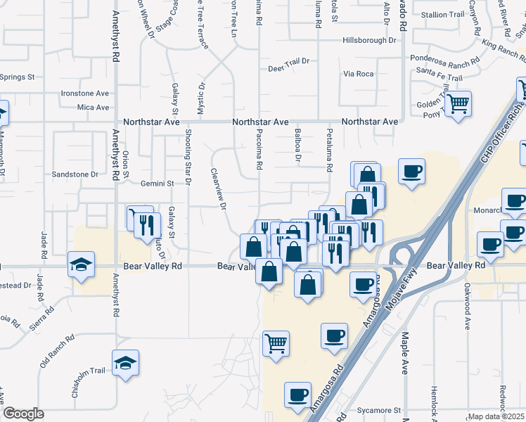 map of restaurants, bars, coffee shops, grocery stores, and more near 12255 Pacoima Road in Victorville