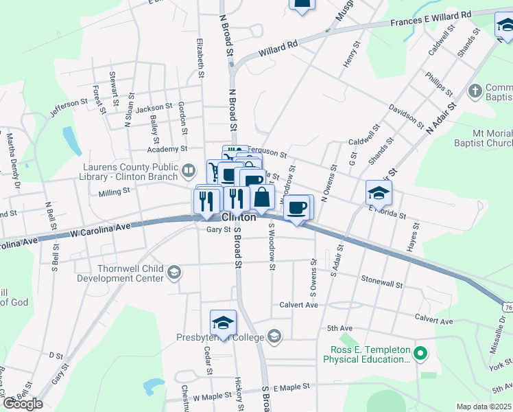 map of restaurants, bars, coffee shops, grocery stores, and more near 131 East Main Street in Clinton