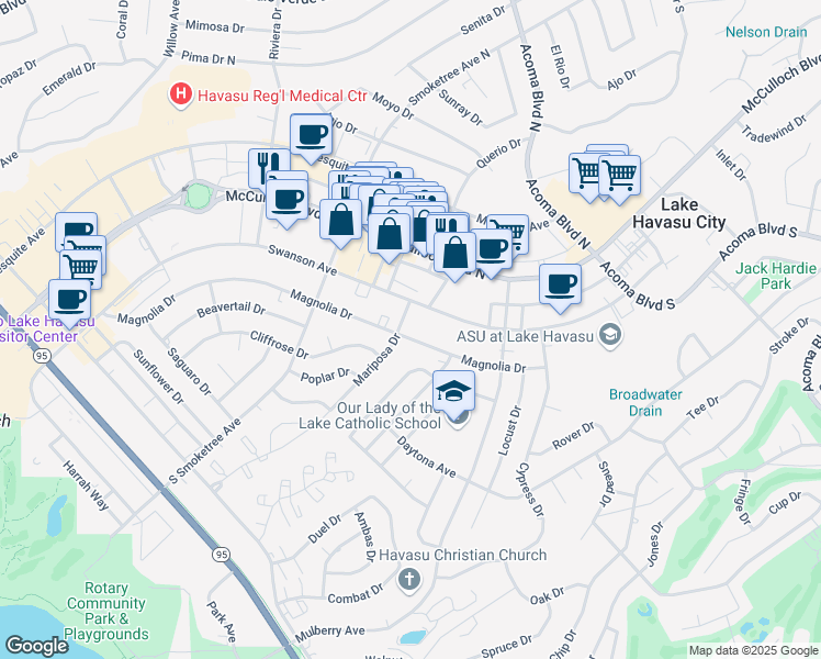 map of restaurants, bars, coffee shops, grocery stores, and more near 2001 Magnolia Dr in Lake Havasu City