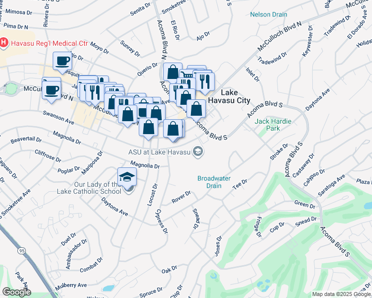 map of restaurants, bars, coffee shops, grocery stores, and more near 2123-2199 Magnolia Dr in Lake Havasu City