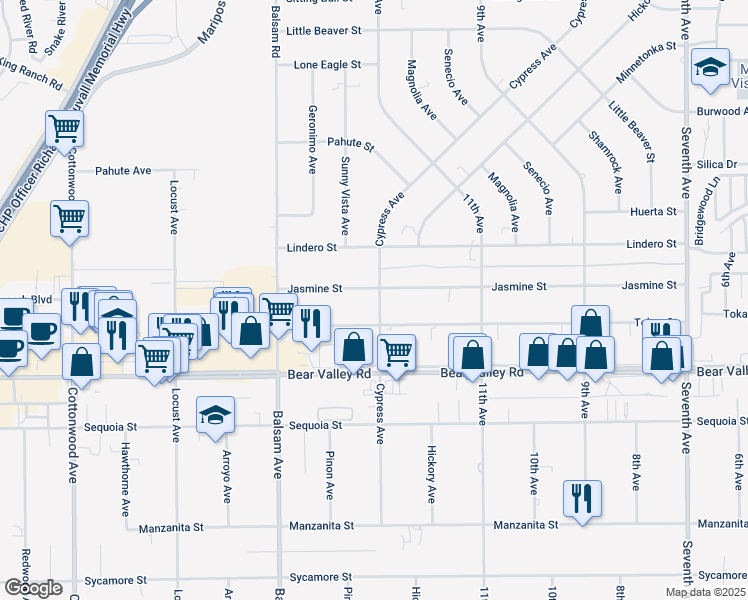 map of restaurants, bars, coffee shops, grocery stores, and more near 12250 Cypress Avenue in Victorville