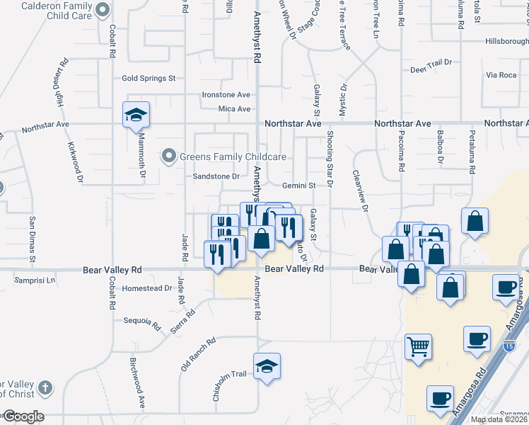 map of restaurants, bars, coffee shops, grocery stores, and more near 12247 Glenellen Lane in Victorville