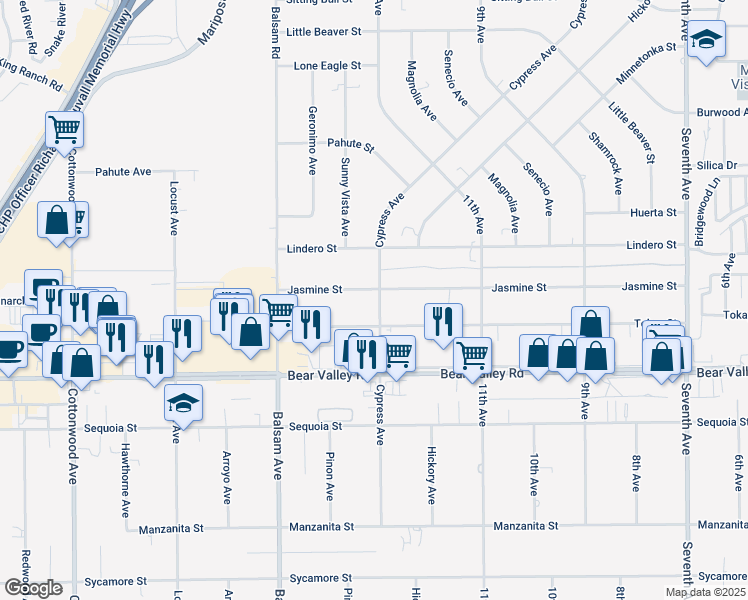 map of restaurants, bars, coffee shops, grocery stores, and more near 12250 Cypress Avenue in Victorville