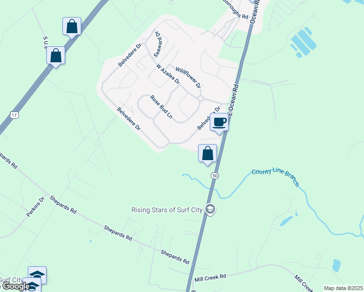 map of restaurants, bars, coffee shops, grocery stores, and more near 153 Belvedere Drive in Holly Ridge