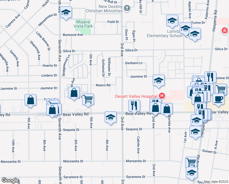 map of restaurants, bars, coffee shops, grocery stores, and more near 12228 Jason Lane in Victorville