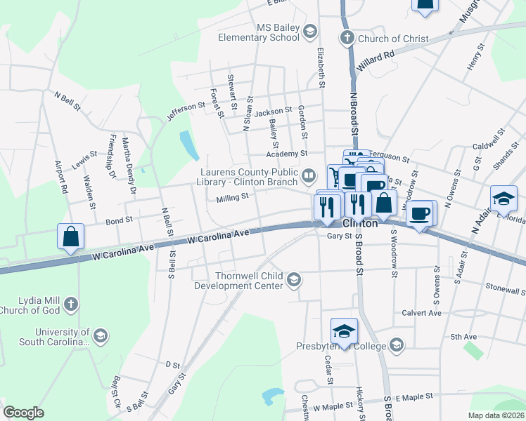 map of restaurants, bars, coffee shops, grocery stores, and more near 322 West Main Street in Clinton