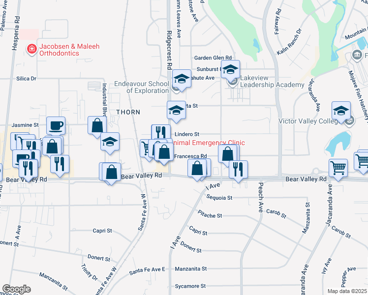 map of restaurants, bars, coffee shops, grocery stores, and more near 17738 Francesca Road in Victorville