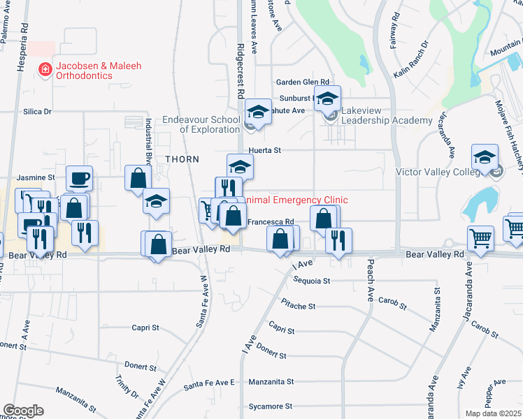 map of restaurants, bars, coffee shops, grocery stores, and more near 17738 Francesca Road in Victorville