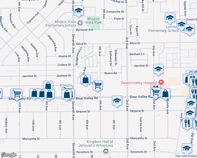 map of restaurants, bars, coffee shops, grocery stores, and more near 16251 Rodell Place in Victorville