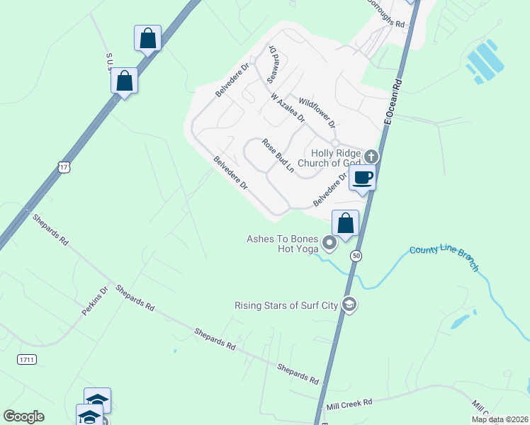 map of restaurants, bars, coffee shops, grocery stores, and more near 207 Belvedere Drive in Holly Ridge