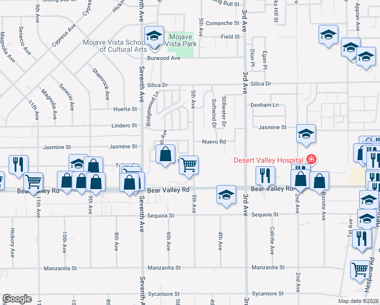 map of restaurants, bars, coffee shops, grocery stores, and more near 16251 Rodell Place in Victorville