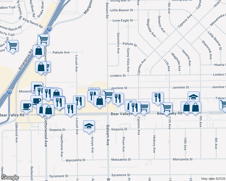 map of restaurants, bars, coffee shops, grocery stores, and more near 15333 Jasmine Street in Victorville