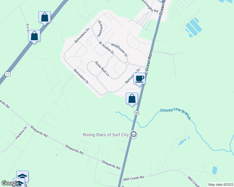 map of restaurants, bars, coffee shops, grocery stores, and more near 151 Belvedere Drive in Holly Ridge