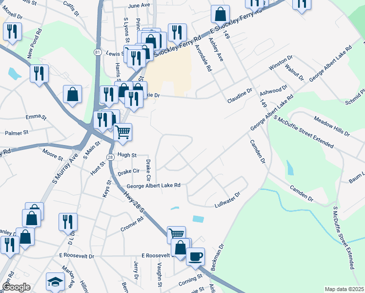 map of restaurants, bars, coffee shops, grocery stores, and more near 703 Woodmont Circle in Anderson