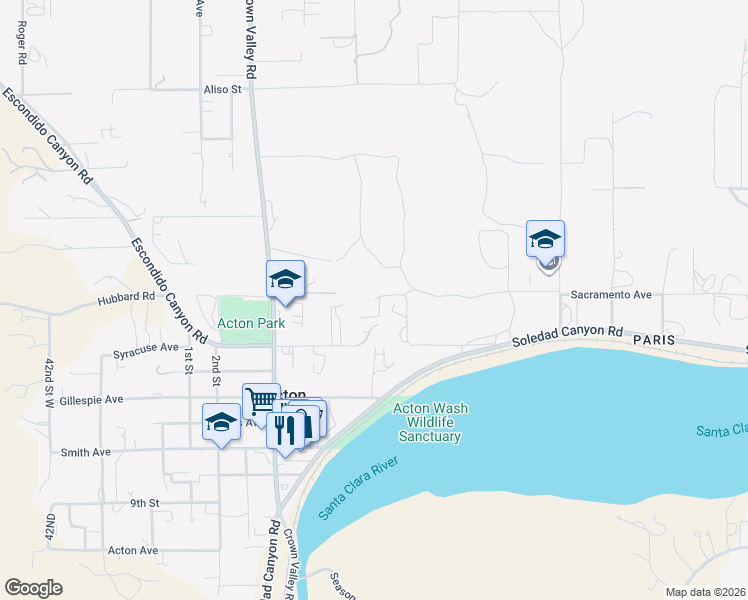 map of restaurants, bars, coffee shops, grocery stores, and more near Sacramento Avenue in Acton