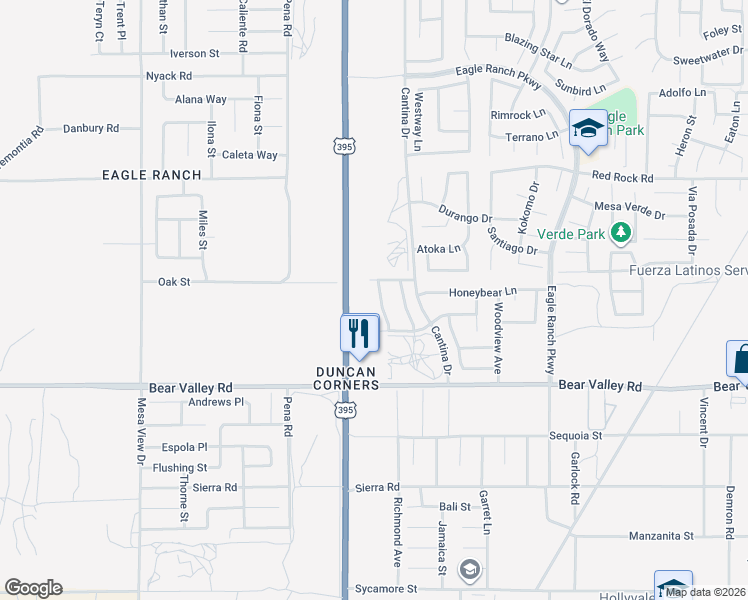 map of restaurants, bars, coffee shops, grocery stores, and more near 12268 Shadow Drive in Victorville