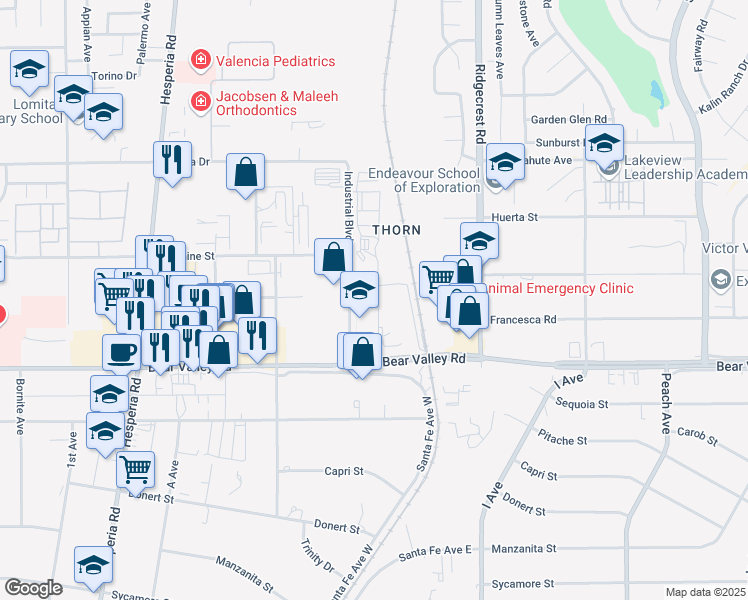 map of restaurants, bars, coffee shops, grocery stores, and more near 12241 Industrial Boulevard in Victorville