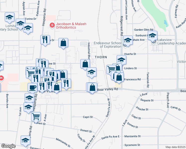 map of restaurants, bars, coffee shops, grocery stores, and more near 12241 Industrial Boulevard in Victorville