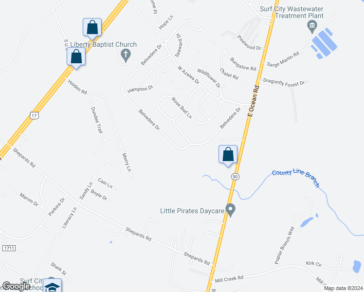map of restaurants, bars, coffee shops, grocery stores, and more near 200 Belvedere Drive in Holly Ridge