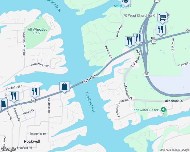 map of restaurants, bars, coffee shops, grocery stores, and more near 1299 Airport Road in Hot Springs