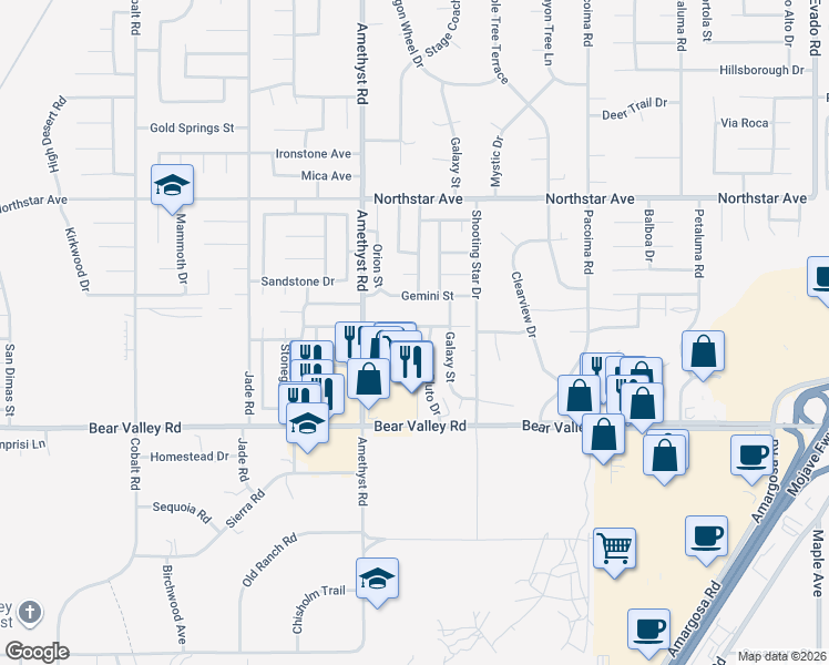 map of restaurants, bars, coffee shops, grocery stores, and more near 12267 Black Hills Road in Victorville