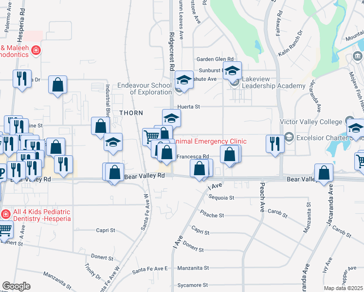 map of restaurants, bars, coffee shops, grocery stores, and more near 17738 Francesca Road in Victorville