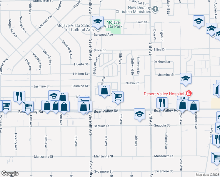 map of restaurants, bars, coffee shops, grocery stores, and more near 12240 Manola Way in Victorville