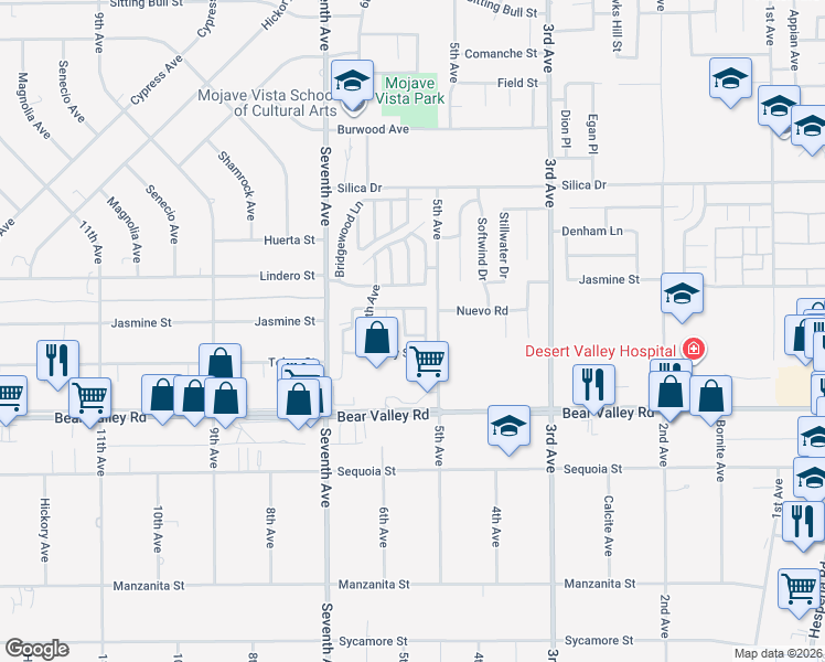 map of restaurants, bars, coffee shops, grocery stores, and more near 16254 Rodell Place in Victorville