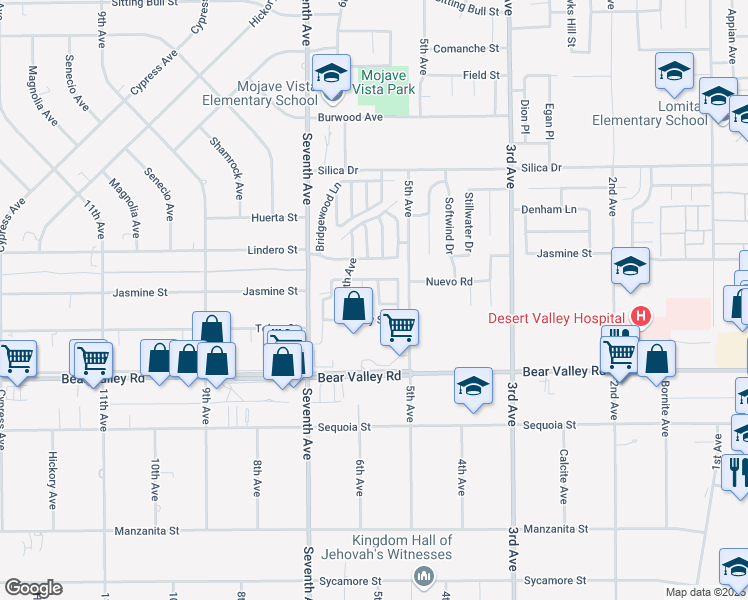 map of restaurants, bars, coffee shops, grocery stores, and more near 12240 Manola Way in Victorville