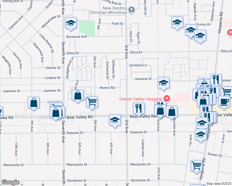 map of restaurants, bars, coffee shops, grocery stores, and more near 12237 Nuevo Court in Victorville