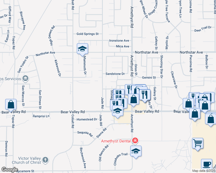 map of restaurants, bars, coffee shops, grocery stores, and more near 12269 Cobblestone Circle in Victorville