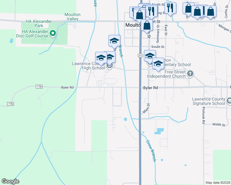 map of restaurants, bars, coffee shops, grocery stores, and more near 104 Glenn Drive in Moulton