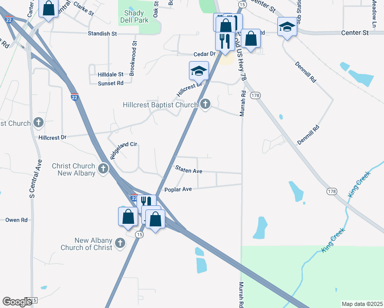 map of restaurants, bars, coffee shops, grocery stores, and more near 401-405 Hollywood Street in New Albany