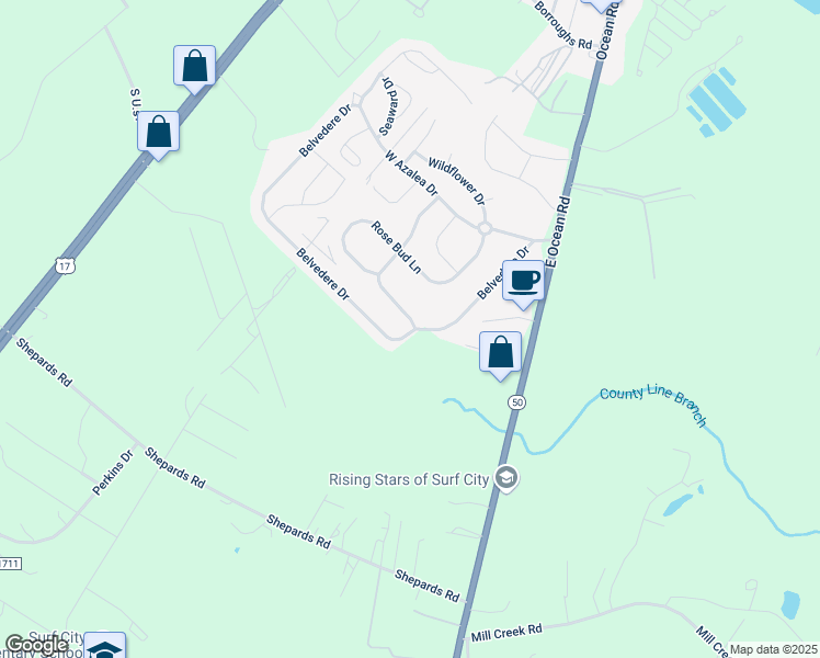map of restaurants, bars, coffee shops, grocery stores, and more near 201 Red Carnation Drive in Holly Ridge