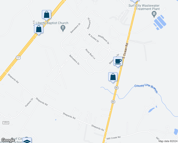 map of restaurants, bars, coffee shops, grocery stores, and more near 202 Belvedere Drive in Holly Ridge