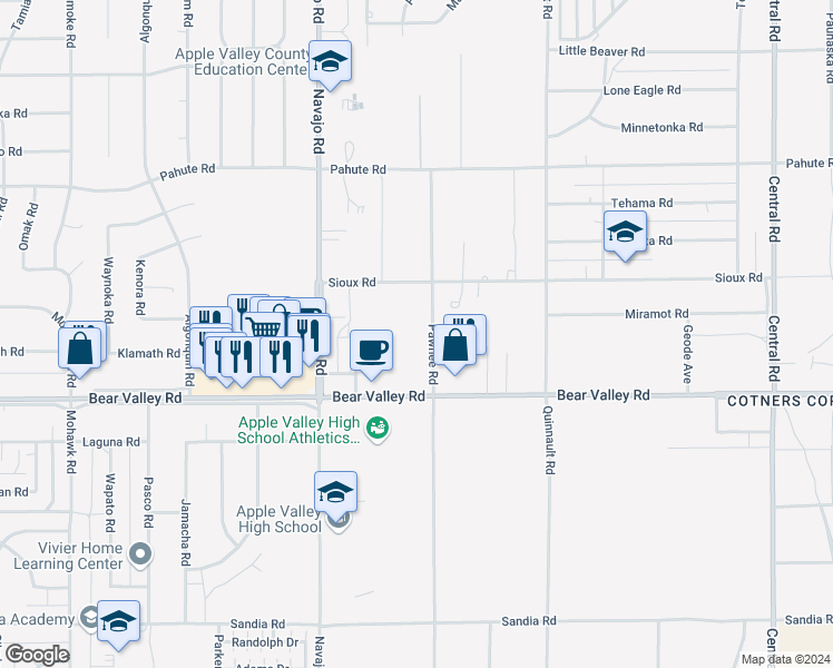 map of restaurants, bars, coffee shops, grocery stores, and more near 12250 Pawnee Road in Apple Valley