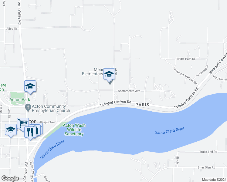 map of restaurants, bars, coffee shops, grocery stores, and more near Sacramento Avenue in Acton