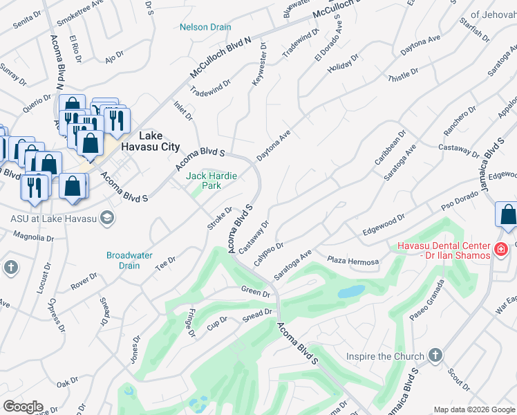 map of restaurants, bars, coffee shops, grocery stores, and more near 2545 Castaway Drive in Lake Havasu City
