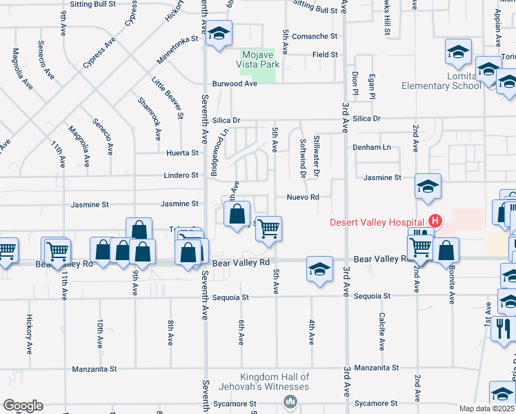 map of restaurants, bars, coffee shops, grocery stores, and more near 12247 Manola Way in Victorville